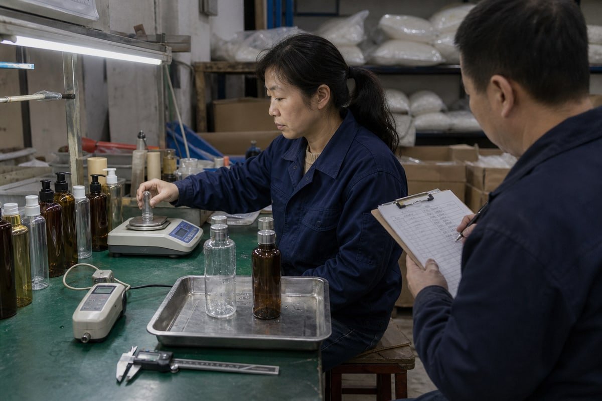 Checking PET bottle weight against industry benchmarks using a precision balance (ID#3)